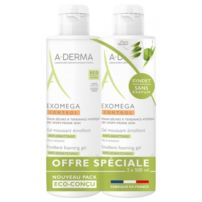 A-DERMA Exomega Control Gel Moussant Emollient 2x500ml