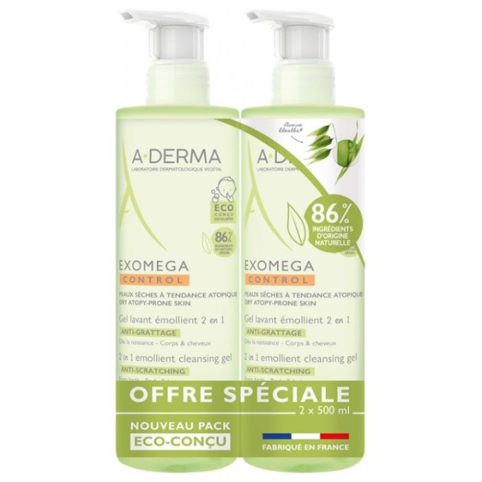 a derma exomega control lot de 2 gels lavants emollients 2x500ml