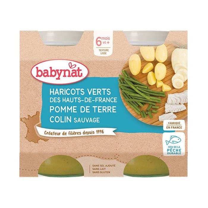 BABYBIO Colin/Pomme de Terre/Haricots Verts +6m Bio 2 x 200g 
