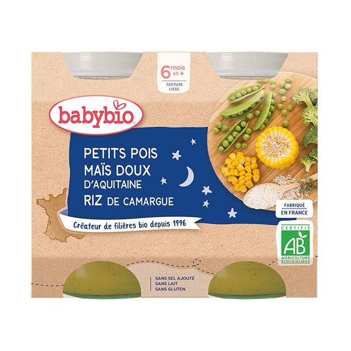 BABYBIO Pot Bio Petits Pois/Maïs/Riz Nuit 6m+ 2 x 200g