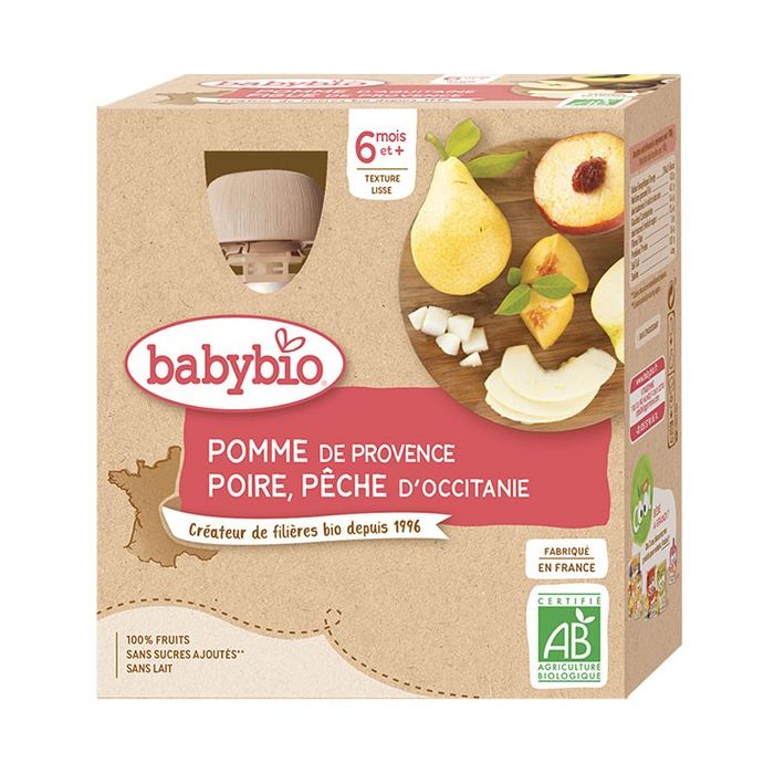 BABYBIO Gourde Bio 4x90g Saveur Pomme Poire Pêche 6m+
