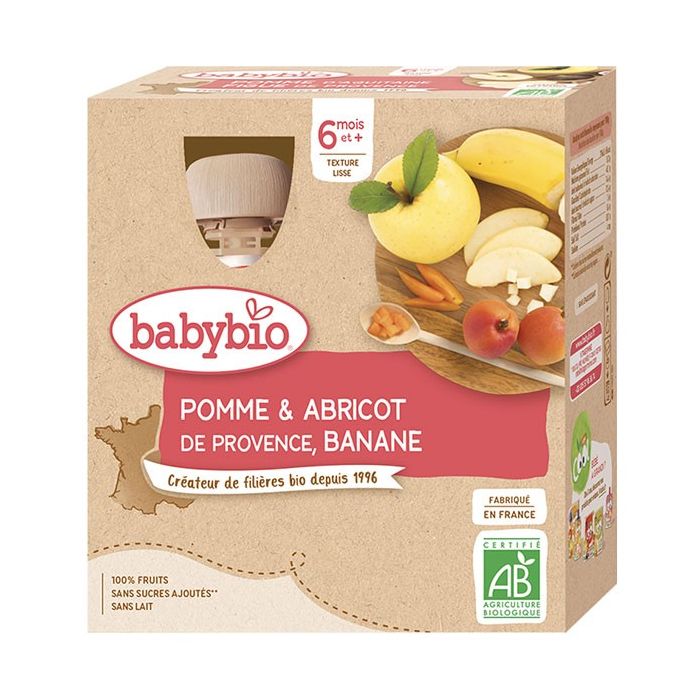 BABYBIO Gourde Abricot/Pomme/Banane 6m+ Bio 4x90g