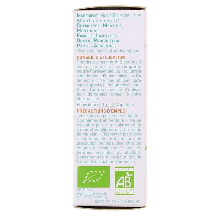 Puressentiel bio 10ml huile essentielle de menthe poivree