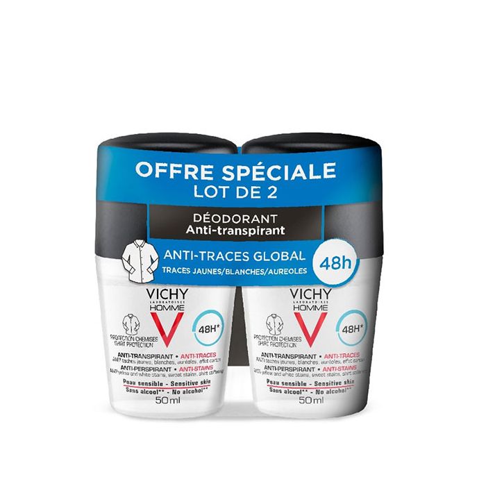 VICHY Homme Déodorant Anti-Transpirant 48H Anti-Traces Roll-On 2x50ml