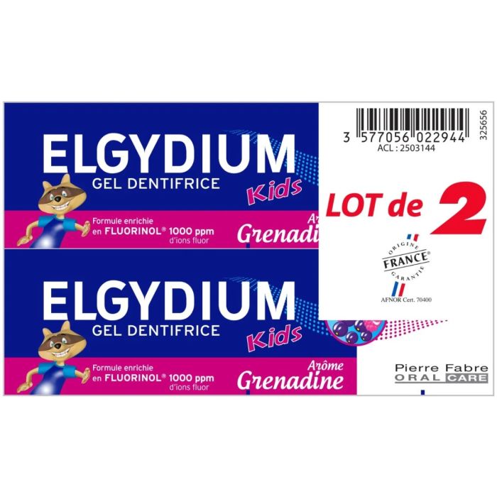 Dentifrice ELGYDIUM Kids 3 à 6 ans Gel Grenadine 2x50ml
