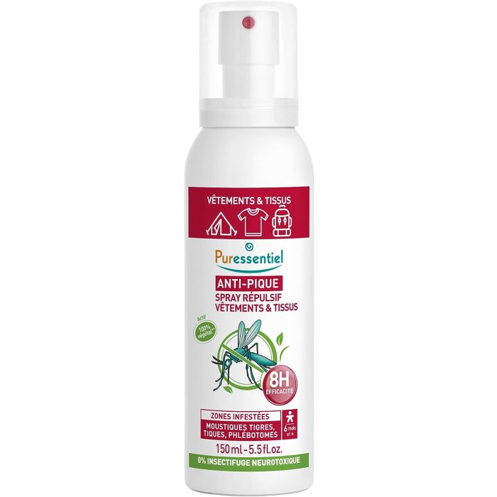 PURESSENTIEL Anti-Pique Spray Répulsif Vétements et Tissus 8H Zones Infestées 150ml